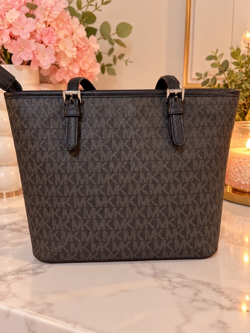 Michael Kors Black/Brown Signature MK Monogram Tote Bag Shoulder Purse